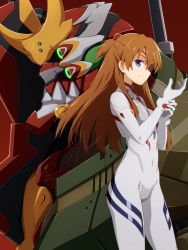 Rule 34 | 1girl, blue eyes, bodysuit, brown hair, closed mouth, commentary, covered navel, eva 02, evangelion: 3.0+1.0 thrice upon a time, eyepatch, floating hair, hair between eyes, hands up, highres, interface headset, long hair, mashita (candy apricot), mecha, neon genesis evangelion, plugsuit, rebuild of evangelion, red background, robot, simple background, smile, souryuu asuka langley, standing, white bodysuit
