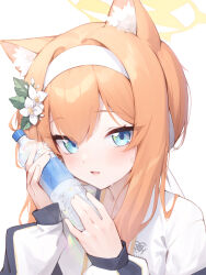 Rule 34 | 1girl, animal ear fluff, animal ears, blue archive, blue eyes, blush, bottle, flower, gym uniform, hair flower, hair ornament, hairband, halo, highres, holding, holding bottle, jacket, long hair, long sleeves, looking at viewer, mari (blue archive), mari (track) (blue archive), mcg6, multicolored clothes, multicolored jacket, official alternate costume, open mouth, orange hair, plastic bottle, ponytail, simple background, solo, sweat, track jacket, two-tone jacket, water bottle, white background, white flower, white hairband, yellow halo
