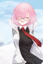 Rule 34 | 1girl, :d, arms behind back, black-framed eyewear, black dress, blush, breasts, cloud, collared dress, day, dress, closed eyes, facing viewer, fate/grand order, fate (series), glasses, hair over one eye, harukappa, highres, hood, hood down, hooded jacket, jacket, large breasts, mash kyrielight, necktie, one eye covered, open clothes, open jacket, open mouth, outdoors, pink hair, red necktie, short dress, short hair, sky, smile, solo, standing, teeth, upper teeth only, white jacket