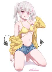 Rule 34 | 1girl, absurdres, asumi sena, bikini, bikini under clothes, black bikini, blonde hair, blush, breasts, cattleya regina games, cleavage, collarbone, commentary request, demon tail, denim, denim shorts, drawstring, fang, full body, fuusuke (fusuke208), highres, jacket, looking at viewer, mismatched bikini, multicolored hair, multiple straps, multiple tails, o-ring, o-ring top, off shoulder, open clothes, open jacket, open mouth, pink eyes, pink hair, short shorts, shorts, small breasts, smile, solo, swimsuit, tail, twintails, twitter username, virtual youtuber, vspo!, white background, yellow bikini, yellow jacket