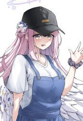 Rule 34 | 1girl, baseball cap, blue archive, cake, dress shirt, food, halo, hat, highres, large wings, looking at viewer, mika (blue archive), pink hair, shirt, simple background, solo, swiss roll, t-shirt, twitter, white background, white shirt, yamichi (yamichi8369)