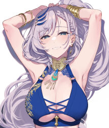 Rule 34 | 1girl, absurdres, armpits, arms up, blue eyes, blush, braid, braided bangs, breasts, cleavage, earrings, feather hair ornament, feathers, grey hair, grin, hair ornament, highres, hololive, hololive indonesia, jewelry, large breasts, long hair, looking at viewer, pavolia reine, pochi (pochi-goya), smile, solo, virtual youtuber, white background