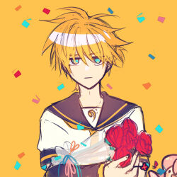 Rule 34 | 1boy, 1koma, :|, aqua eyes, bass clef, black sailor collar, black sleeves, blonde hair, bouquet, closed mouth, collared shirt, comic, commentary, confetti, detached sleeves, expressionless, flower, highres, hikusa, holding, holding bouquet, kagamine len, looking at viewer, male focus, megurine luka, mother&#039;s day, musical note, musical note print, octopus, red flower, red rose, rose, sailor collar, shirt, solo, symbol-only commentary, takoluka, upper body, vocaloid, white shirt, yellow background