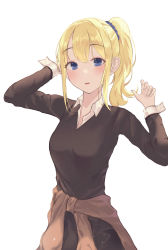 Rule 34 | 1girl, absurdres, bllustration, blonde hair, blue eyes, blue scrunchie, blush, breasts, brown dress, clothes around waist, collared shirt, commentary request, dress, grey background, hair between eyes, hair ornament, hair scrunchie, hands up, hayasaka ai, highres, kaguya-sama wa kokurasetai ~tensai-tachi no renai zunousen~, long hair, long sleeves, looking at viewer, open mouth, scrunchie, shirt, side ponytail, simple background, solo, teeth, upper teeth only, white background