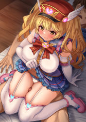 Rule 34 | 1girl, absurdres, bandaid, bandaid on face, between legs, between thighs, blonde hair, blush, breasts, closed mouth, clothes lift, gran (granblue fantasy), granblue fantasy, hat, hetero, highres, large breasts, long hair, looking at viewer, momo no sukebe, monika weisswind, panties, peaked cap, penis, pleated skirt, skirt, thigh sex, thigh strap, thighhighs, thighs, twintails, underwear, wavy hair