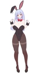 Rule 34 | 1girl, absurdres, animal ears, azur lane, bare shoulders, black footwear, black leotard, black pantyhose, blue hair, blunt bangs, blush, bow, bowtie, breasts, covered navel, detached collar, dido (azur lane), earrings, fake animal ears, full body, gloves, hands up, heart, heart earrings, highres, huge breasts, jewelry, leotard, londom (lonhomewell), open mouth, pantyhose, pink eyes, rabbit ears, red bow, red bowtie, smile, solo, standing, strapless, strapless leotard, white gloves