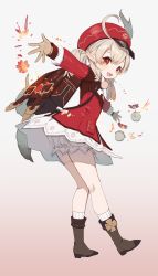 Rule 34 | 1girl, ahoge, backpack, bag, bloomers, blush, boots, brown footwear, brown gloves, dress, feathers, full body, genshin impact, gloves, gradient background, grey hair, hat, hat feather, highres, klee (genshin impact), long hair, long sleeves, open mouth, pointy ears, red dress, red eyes, red hat, sidelocks, simple background, socks, solo, teeth, twintails, underwear, upper teeth only, white socks, yu-ri (arium047)