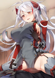 Rule 34 | 1boy, 1girl, antenna hair, azur lane, black gloves, black panties, blush, breasts, brown eyes, censored, clothing aside, commission, cross, dress, eyes visible through hair, from below, frottage, garter straps, girl on top, gloves, grabbing, grabbing another&#039;s breast, grabbing own breast, grey dress, grey thighhighs, grinding, hair between eyes, headgear, hetero, highres, imminent penetration, iron cross, large breasts, long hair, long sleeves, looking down, mosaic censoring, multicolored hair, open mouth, panties, panties aside, penis, prinz eugen (azur lane), red hair, sideboob, skeb commission, smile, solo focus, spread legs, straddling, streaked hair, sweat, swept bangs, thighhighs, tsuki tokage, two side up, underwear, very long hair, white hair