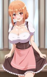 Rule 34 | 1girl, :d, blush, breasts, brown hair, cleavage, collarbone, commentary request, corset, dars (recolors), dirndl, german clothes, hair between eyes, hair bun, highres, large breasts, looking at viewer, open mouth, orange hair, puffy short sleeves, puffy sleeves, red eyes, short hair, short sleeves, sidelocks, single hair bun, smile, solo, yahari ore no seishun lovecome wa machigatteiru., yuigahama yui&#039;s mother