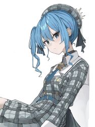 Rule 34 | 1girl, arms at sides, belt, beret, black bow, blue belt, blue eyes, blue hair, blue necktie, bow, closed mouth, collared shirt, cowboy shot, crown, from side, frown, grey hat, grey shirt, grey skirt, hair bow, hat, highres, hololive, hoshimachi suisei, karyln, legs together, long hair, long sleeves, looking at viewer, mini crown, necktie, plaid, plaid headwear, plaid shirt, plaid skirt, pleated skirt, sailor collar, shirt, side ponytail, simple background, sitting, skirt, solo, virtual youtuber, white background, white sailor collar, white shirt