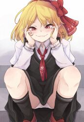 Rule 34 | 1girl, ascot, black dress, black socks, blonde hair, closed mouth, collared shirt, dress, fang, hair ribbon, hands on own face, highres, looking at viewer, neko mata, panties, pointy ears, red ascot, red eyes, red footwear, red ribbon, ribbon, rumia, shirt, short hair, sitting, skin fang, socks, solo, touhou, underwear, white panties, white shirt