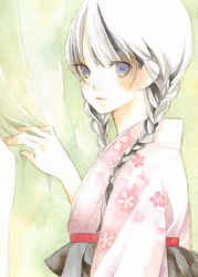 Rule 34 | 1girl, blue eyes, blush, braid, japanese clothes, kimono, painting (medium), solo, traditional media, twin braids, uko (artist), watercolor (medium), yufushi