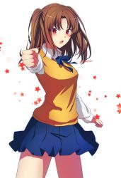Rule 34 | 1girl, :o, blue eyes, blue ribbon, blue skirt, brown hair, collared shirt, commentary request, cowboy shot, highres, legs apart, long sleeves, looking at viewer, melty blood, neck ribbon, parted bangs, pleated skirt, red eyes, ribbon, shirt, skirt, solo, standing, star (symbol), tanaji, tsukihime, twintails, twitter username, two side up, white shirt, wing collar, yumizuka satsuki