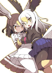 Rule 34 | 10s, 2girls, :d, :|, bald eagle (kemono friends), bird tail, black legwear, blonde hair, blue skirt, blush, boots, breasts, brown hair, buttons, closed mouth, cowboy shot, eyebrows, from behind, from side, gloves, gradient hair, grey hair, hawk (kemono friends), head wings, highres, interlocked fingers, kemono friends, large breasts, leg up, long hair, long sleeves, looking at viewer, looking back, multicolored hair, multiple girls, nama014, northern goshawk (kemono friends), open mouth, orange eyes, outline, pantyhose, pleated skirt, simple background, skirt, smile, tail, thick thighs, thighs, tsurime, two-tone hair, white background, white gloves, white hair, white legwear, white skirt, wings, yellow eyes
