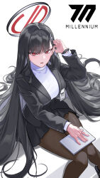 Rule 34 | 1girl, black hair, black skirt, black suit, blue archive, blunt bangs, breasts, brown pantyhose, formal, hair ornament, hairclip, halo, high heels, highres, id card, large breasts, long hair, looking at viewer, looking up, miniskirt, pantyhose, red eyes, rio (blue archive), sitting, skirt, solo, suit, tablet pc, thighs, wasab (pid83877775)