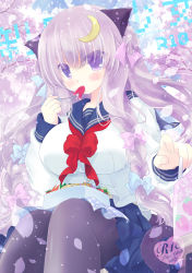 Rule 34 | 1girl, alternate costume, animal ears, bento, black pantyhose, blush, box, braid, breasts, cat ears, cat girl, cat tail, character name, cherry blossoms, crescent, crescent hair ornament, eating, female focus, food, fork, hair ornament, heart, highres, large breasts, long hair, pantyhose, patchouli knowledge, petals, purple eyes, purple hair, school uniform, screscent, serafuku, shiromomo, sitting, skirt, solo, tail, touhou, twin braids