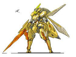 Rule 34 | clenched hand, cosmos24368, highres, holding, holding lance, holding polearm, holding weapon, insect wings, lance, looking down, mecha, no humans, original, polearm, robot, signature, solo, standing, weapon, white background, wings