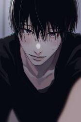 Rule 34 | 1boy, black hair, black shirt, blurry, blush, close-up, collarbone, depth of field, highres, leaning forward, looking at viewer, male focus, pov, purple eyes, shirt, short hair, shy, solo, sweatdrop, tashiro-kun kimi-tte yatsu wa, tashiro keima, yamada (onigori105)