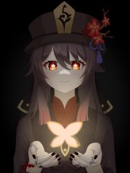 Rule 34 | 1girl, black background, black nails, brown hair, bug, butterfly, commentary, cupping hands, dot nose, flower, flower-shaped pupils, genshin impact, hair between eyes, hat, hat flower, highres, hu tao (genshin impact), insect, jewelry, k-d, long hair, looking at viewer, multiple rings, nail polish, own hands together, porkpie hat, red eyes, ring, simple background, smile, solo, symbol-shaped pupils, thumb ring