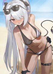 Rule 34 | 1girl, absurdres, beach, bikini, black bikini, black bow, black choker, black gloves, blue archive, blush, bow, breasts, choker, collarbone, commentary request, contrapposto, demon girl, demon tail, eyewear on head, gloves, grey hair, hair bow, hair over one eye, half gloves, halo, highres, iori (blue archive), iori (swimsuit) (blue archive), leaning to the side, long hair, medium breasts, mochini, navel, ocean, official alternate costume, official alternate hairstyle, open mouth, outdoors, purple halo, red eyes, side-tie bikini bottom, solo, stomach, sunglasses, swimsuit, tail, thigh strap, twintails, very long hair