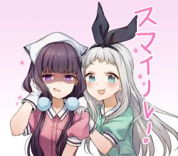 Rule 34 | 1boy, 1girl, :3, :d, black bow, blend s, blush, bow, collared shirt, commentary, gloves, green eyes, green shirt, hair bow, hairband, hands on another&#039;s shoulders, headdress, highres, kanzaki hideri, long hair, looking at viewer, low twintails, mochii, nervous smile, open mouth, pink shirt, puffy short sleeves, puffy sleeves, purple eyes, purple hair, sakuranomiya maika, shaded face, shirt, short sleeves, silver hair, smile, sweatdrop, trap, twintails, white gloves