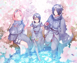 Rule 34 | 10s, 1boy, 2girls, alternate costume, black eyes, black hair, boruto: naruto next generations, can, cherry blossoms, clothes pin, cup, detached sleeves, drink can, facial mark, family, father and daughter, forehead mark, forehead protector, from above, glasses, green eyes, hair over one eye, haruno sakura, high collar, husband and wife, japanese clothes, looking at viewer, mother and daughter, multiple girls, naruto, naruto (series), one eye closed, partially submerged, petals, pink hair, retpa, sakazuki, shoes, short hair, sitting, smile, soda can, thighhighs, toeless footwear, uchiha sarada, uchiha sasuke, water