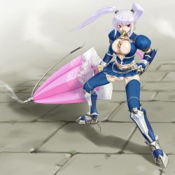 Rule 34 | albino, armor, azure (armor), belt, between breasts, breasts, capcom, earrings, elbow gloves, gloves, gun, highres, jewelry, monster hunter, monster hunter (series), monster hunter frontier, mouth hold, panties, pantyshot, rasukaru, red eyes, skirt, solo, thighhighs, twintails, underwear, weapon, white hair, wind, wind lift