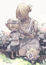 Rule 34 | 1boy, 1girl, ^ ^, aged down, blonde hair, breasts, child, cleavage, closed eyes, creatures (company), dress, elica dayo, flower, full body, game freak, gen 2 pokemon, gladiator sandals, grass, hair over one eye, happy, head wreath, highres, kneeling, mother and son, muted color, nintendo, open mouth, outstretched arms, pink flower, pokemon, pokemon (creature), pokemon legends: arceus, sandals, short hair, smile, standing, togepi, tunic, volo (pokemon), white dress