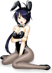 Rule 34 | alternate costume, animal ears, bare shoulders, between legs, black bow, black bowtie, black footwear, black hair, black leotard, blue eyes, blush, bow, bowtie, breasts, brown pantyhose, covered navel, embarrassed, hair over one eye, kako (kancolle), kantai collection, kudou (ooabareteng), leotard, long hair, medium breasts, messy hair, open mouth, pantyhose, playboy bunny, ponytail, rabbit ears, simple background, sitting, solo, spread legs, strapless, strapless leotard, white background, wrist cuffs