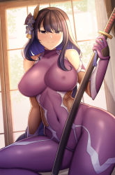 Rule 34 | 1girl, arm support, bare shoulders, blush, bodysuit, braid, breasts, clothing cutout, covered erect nipples, covered navel, elbow gloves, fishnets, flower, genshin impact, gloves, guardian-panda, hair between eyes, hair flower, hair ornament, highres, holding, holding sword, holding weapon, katana, large breasts, looking at viewer, low-braided long hair, low-tied long hair, purple bodysuit, purple eyes, purple gloves, purple hair, raiden shogun, sitting, smile, solo, sword, taimanin (series), taimanin suit, weapon, window