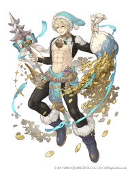 Rule 34 | 1boy, abs, absurdres, ahoge, aladdin (sinoalice), bell, blonde hair, blue eyes, boots, choker, christmas, coin, coin purse, full body, fur trim, grin, hat, highres, jewelry, ji no, leggings, looking at viewer, male focus, neck bell, official art, oil lamp, polearm, ring, sack, santa hat, sash, shrug (clothing), sinoalice, smile, solo, spear, square enix, weapon, white background