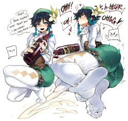 Rule 34 | 1boy, absurdres, blue eyes, blue hair, blush, bottle, braid, bulge, cum, cum in clothes, cum through clothes, doppel (bonnypir), ejaculation, english text, erection, erection under clothes, feet, flower, genshin impact, gradient hair, green hat, green shorts, hair flower, hair ornament, hat, highres, holding, holding bottle, long sleeves, looking at viewer, male focus, multicolored hair, no shoes, nose blush, open mouth, pantyhose, pantyhose under shorts, shirt, shorts, simple background, spontaneous orgasm, squatting, teeth, tongue, tongue out, trap, twin braids, upper teeth only, venti (genshin impact), white background, white pantyhose, white shirt