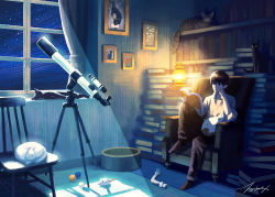 Rule 34 | 1boy, black cat, black footwear, black hair, black pants, book, cat, chair, collared shirt, curtains, drawing (object), flower, knee up, lantern, male focus, mouse (animal), open book, original, pants, red flower, shirt, short hair, signature, sitting, solo, takigraphic, telescope, white cat, white flower, white shirt, wide shot, window