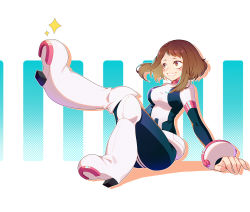Rule 34 | 1girl, blush stickers, bodysuit, boku no hero academia, boots, breasts, brown eyes, brown hair, chinese commentary, commentary request, duximeng, full body, helmet, highres, knee boots, leg up, medium breasts, short hair, sidelocks, sitting, smile, solo, uraraka ochako, white footwear
