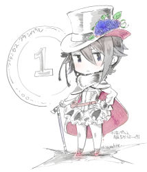 Rule 34 | &gt;:(, 10s, 1girl, akiya yukie, ange (princess principal), artist name, blue eyes, blush, brown hair, cane, cape, chibi, commentary request, corset, flower, frown, full body, fur collar, hair between eyes, hand on own hip, hat, highres, long sleeves, looking at viewer, pouch, princess principal, shirt, sketch, solo, spot color, standing, top hat, translation request, v-shaped eyebrows, white background, | |, || ||