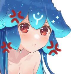 Rule 34 | 1girl, 2021, 4st3r, anger vein, bao (vtuber), blue hair, blush, breasts, closed mouth, commentary, english commentary, indie virtual youtuber, pout, pouty lips, red eyes, simple background, virtual youtuber, white background