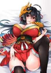 Rule 34 | 1girl, ahoge, azur lane, bed sheet, black hair, black panties, black thighhighs, blush, breasts, cleavage, crossed bangs, feather-trimmed sleeves, hair between eyes, hair ribbon, hand fan, highres, holding, holding fan, japanese clothes, kimono, large breasts, long hair, long sleeves, looking at viewer, lying, mask, mask on head, obi, off shoulder, on back, open mouth, panties, red eyes, red kimono, red ribbon, ribbon, sash, sezok, smile, solo, striped ribbon, taihou (azur lane), thighhighs, twintails, underwear, very long hair, wide sleeves