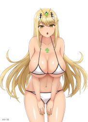 Rule 34 | 1girl, angoha, artist name, bikini, blonde hair, breasts, chest jewel, green nails, highres, large breasts, long hair, looking at viewer, mythra (xenoblade), nail polish, navel, open mouth, simple background, swept bangs, swimsuit, white background, white bikini, xenoblade chronicles (series), xenoblade chronicles 2, yellow eyes