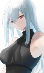 Rule 34 | 1girl, arknights, bare shoulders, black shirt, breasts, closed mouth, commentary request, grey hair, hair between eyes, highres, long hair, medium breasts, red eyes, shirt, simple background, skadi (arknights), sleeveless, sleeveless shirt, solo, upper body, uryu (uryu0329), white background