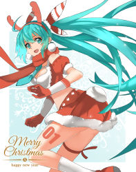 Rule 34 | 1girl, :d, aqua eyes, aqua hair, bad id, bad pixiv id, breasts, cleavage, detached sleeves, fang, hair ribbon, hairband, hatsune miku, highres, long hair, looking at viewer, open mouth, red scarf, ribbon, scarf, smile, solo, twintails, very long hair, vocaloid, zhuxiao517