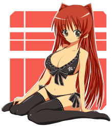 Rule 34 | 00s, 1girl, arm at side, bare arms, bare shoulders, black bow, black bra, bow, bra, breasts, brown eyes, cleavage, closed mouth, collarbone, frilled bra, frills, full body, knees together feet apart, kousaka tamaki, large breasts, long hair, looking at viewer, maro nie, navel, no shoes, panties, red hair, side-tie panties, sitting, smile, solo, stomach, straight hair, tareme, thighhighs, to heart (series), to heart 2, two-tone background, underwear, underwear only, very long hair, wariza