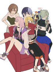 Rule 34 | 4boys, 4girls, absurdres, aoyagi touya, armchair, blonde hair, blue hair, blush, book, brown hair, chair, choker, earrings, girl sandwich, green hair, hatsune miku, highres, holding, holding book, jacket, jewelry, kagamine len, kagamine rin, kaito (vocaloid), long hair, looking at another, megurine luka, meiko (vocaloid), multicolored hair, multiple boys, multiple girls, mykisnk, nail polish, open mouth, orange hair, pants, pink hair, project sekai, reading, sandwiched, shinonome akito, shoes, short hair, shorts, sitting, sitting on lap, sitting on person, smile, sneakers, speech bubble, twintails, two-tone hair, vivid bad squad (project sekai), vivid bad squad len, vivid bad squad luka, vivid bad squad meiko, vivid bad squad miku, vivid bad squad rin, vocaloid