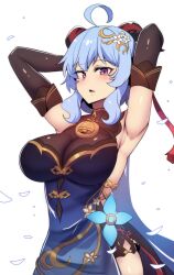 Rule 34 | 1girl, absurdres, ahoge, alternate breast size, armpits, arms behind head, arms up, bare shoulders, blue dress, blue hair, breasts, commentary, detached sleeves, dress, english commentary, ganyu (genshin impact), ganyu (twilight blossom) (genshin impact), genshin impact, hair ornament, highres, hinghoi, horns, large breasts, looking at viewer, parted lips, purple eyes, short hair, sleeveless, sleeveless dress, solo, upper body