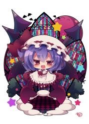 Rule 34 | 1girl, :d, bat (animal), bat wings, black wings, blush, bow, brown eyes, checkered floor, chibi, commentary request, cross, fang, frilled skirt, frills, gradient wings, hair between eyes, hat, hat bow, highres, latin cross, looking at viewer, mob cap, moon, multicolored wings, muuran, open mouth, pantyhose, puffy short sleeves, puffy sleeves, purple hair, purple wings, red bow, red footwear, red moon, remilia scarlet, shirt, short sleeves, signature, skirt, skirt hold, skirt set, smile, solo, stained glass, star (symbol), touhou, tower, white background, white hat, white pantyhose, white shirt, white skirt, wings
