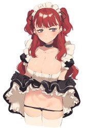 Rule 34 | 1girl, 2l (2lsize), absurdres, black gloves, black panties, blush, breasts, choker, cleavage, clothes lift, earrings, gloves, highres, jewelry, large breasts, lifted by self, long hair, maid, original, panties, purple eyes, red hair, simple background, skirt, skirt lift, solo, thighhighs, two side up, underwear, white background, white thighhighs