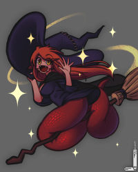 Rule 34 | 1girl, :d, black dress, blush, breasts, broom, broom riding, commentary, dress, english commentary, fangs, grey background, halloween costume, happy, hat, highres, lamia, loen, long hair, looking at viewer, miia (monster musume), monster girl, monster girl encyclopedia, monster musume no iru nichijou, open mouth, pointy ears, red hair, scales, simple background, slit pupils, smile, solo, twitter username, witch, witch hat, yellow eyes