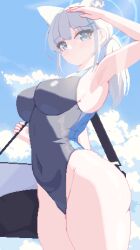 Rule 34 | 1girl, animal ears, animated, animated gif, armpits, bag, black one-piece swimsuit, blinking, blue archive, blue eyes, blue halo, blue one-piece swimsuit, blue sky, breasts, closed mouth, cloud, covered navel, cowboy shot, cross hair ornament, day, extra ears, grey hair, hair ornament, halo, highleg, highleg swimsuit, highres, large breasts, looking at viewer, low ponytail, official alternate costume, one-piece swimsuit, piao mao, pixel art, shiroko (blue archive), shiroko (swimsuit) (blue archive), shoulder bag, sky, solo, swimsuit, two-tone swimsuit, wolf ears