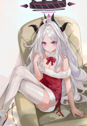 Rule 34 | 1girl, :/, ahoge, arm support, bare shoulders, black horns, blue archive, bow, bowtie, breasts, christmas, cleavage, closed mouth, commentary, couch, cross-laced clothes, crossed legs, dema hmw, demon horns, detached collar, dress, foot out of frame, fur-trimmed dress, fur collar, fur trim, hair ornament, halo, hand in own hair, hand up, highres, hina (blue archive), horns, long hair, looking at viewer, multiple horns, off-shoulder dress, off shoulder, on couch, parted bangs, pom pom (clothes), pom pom hair ornament, purple eyes, red bow, red bowtie, red dress, red footwear, santa costume, santa dress, short dress, side slit, sidelocks, simple background, sitting, small breasts, solo, sparkle, thighhighs, very long hair, wavy hair, white background, white hair, white thighhighs, zettai ryouiki