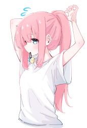 Rule 34 | 1girl, absurdres, arm up, arms up, artist request, blue eyes, bocchi the rock!, cube hair ornament, female focus, gotoh hitori, hair ornament, highres, looking at viewer, looking to the side, object in mouth, pink hair, shirt, simple background, solo, t-shirt, tying hair, unworn hair ornament, upper body, white background, white shirt