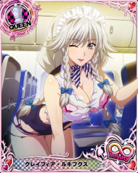 Rule 34 | 1girl, blue bow, bow, bra, braid, breasts, card (medium), chess piece, cleavage, female focus, flight attendant, grayfia lucifuge, grey eyes, grey hair, hair bow, high school dxd, large breasts, long hair, looking at viewer, maid headdress, matching hair/eyes, mature female, official art, one eye closed, pink bra, queen (chess), red lips, smile, solo, torn clothes, travel attendant, twin braids, underwear, wink
